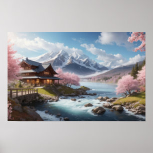 Schilderij van Prachtige Japanse Sakura met rivier Poster
