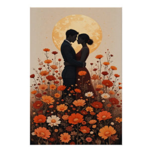 Schilderij van romantische zonsondergang - bloemen perfect poster