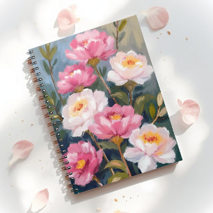 Schilderij van roze pioenrozen bloemboeket notitieboek