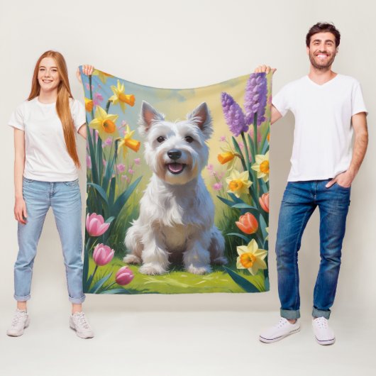 Schilderij van Skye Terrier-hond met lente bloemen Fleece Deken (In situ)