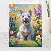 Schilderij van Skye Terrier-hond met lente bloemen Kaart (Voorkant)