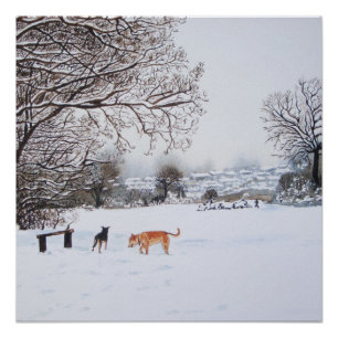 schilderij van sneeuwscand met honden poster