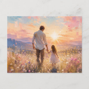 Schilderij van vader en dochter bij zonsopgang feestdagenkaart