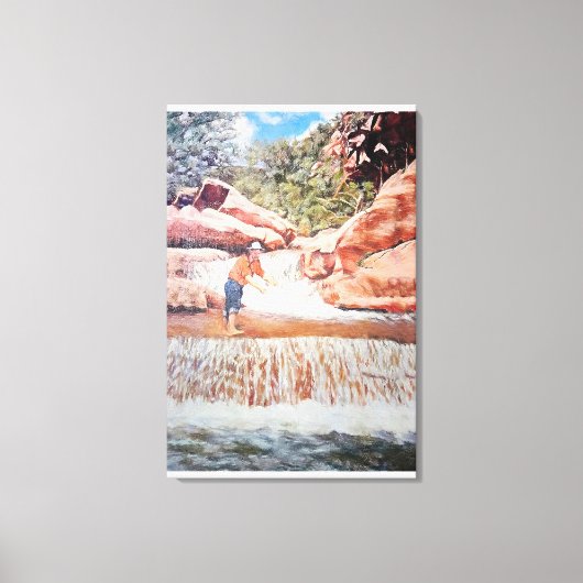 Schilderij van Visser In Waterval Canvas Afdruk (Voorkant)
