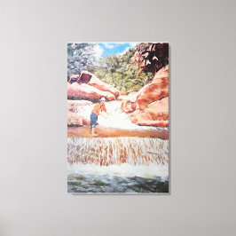 Schilderij van Visser In Waterval Canvas Afdruk