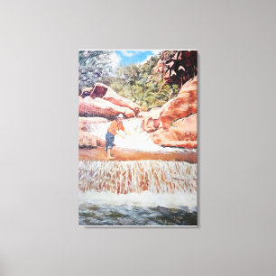 Schilderij van Visser In Waterval Canvas Afdruk