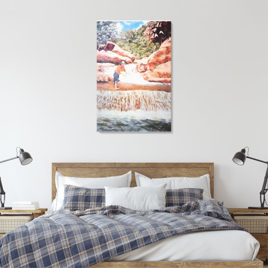 Schilderij van Visser In Waterval Canvas Afdruk (Insitu (Slaapkamer))