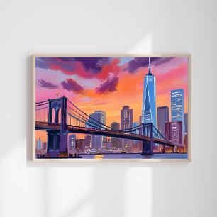 Schilderij van waterverf skylines brug in New York Poster
