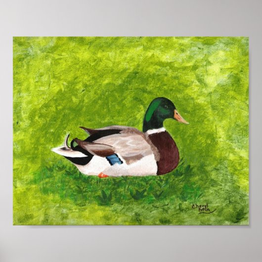 Schilderij van wilde eend zittend in gras Posters (Voorkant)