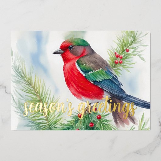 Schilderij van Winter Vogel Rood Groen Folie Feestdagenkaart (Voorkant)