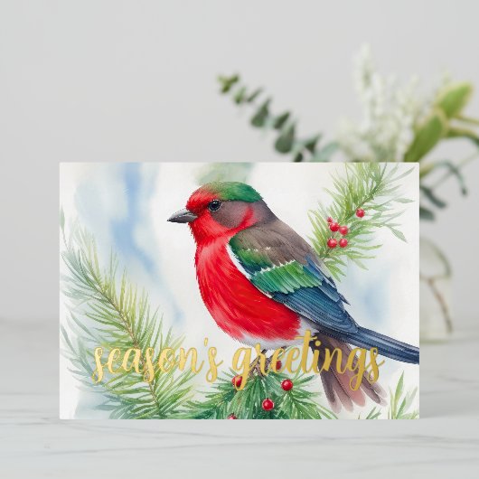 Schilderij van Winter Vogel Rood Groen Folie Feestdagenkaart (Staand Voorkant)