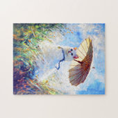 Schilderij van witte kat met parasol in klaprozenv legpuzzel (Horizontaal)