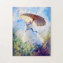 Schilderij van witte kat met parasol in klaprozenv