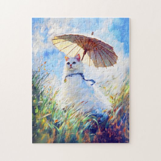 Schilderij van witte kat met parasol in klaprozenv legpuzzel (Verticaal)