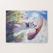 Schilderij van witte kat met parasol in klaprozenv legpuzzel (Horizontaal)