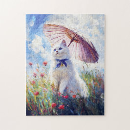 Schilderij van witte kat met parasol in klaprozenv legpuzzel