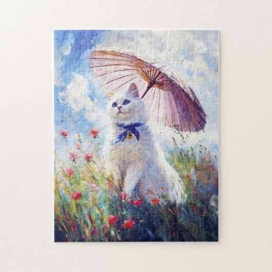 Schilderij van witte kat met parasol in klaprozenv legpuzzel (Verticaal)