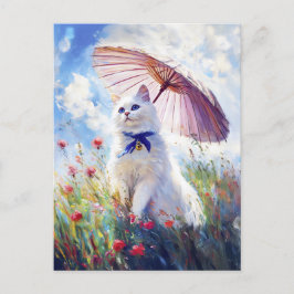 Schilderij van Witte Kat met Parasol in Poppy Fiel Briefkaart