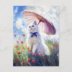 Schilderij van Witte Kat met Parasol in Poppy Fiel Briefkaart