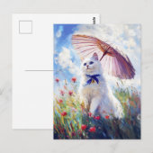 Schilderij van Witte Kat met Parasol in Poppy Fiel Briefkaart (Voorkant / Achterkant)