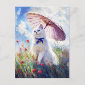 Schilderij van Witte Kat met Parasol in Poppy Fiel Briefkaart (Voorkant)