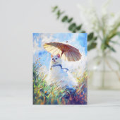 Schilderij van Witte Kat met Parasol in Poppy Fiel Briefkaart (Staand voorkant)