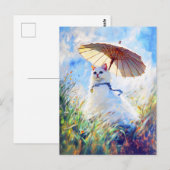 Schilderij van Witte Kat met Parasol in Poppy Fiel Briefkaart (Voorkant / Achterkant)