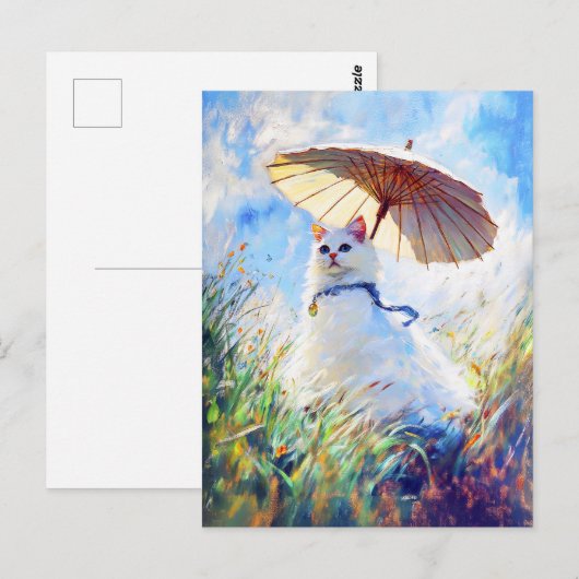 Schilderij van Witte Kat met Parasol in Poppy Fiel Briefkaart (Voorkant / Achterkant)