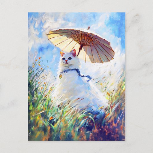Schilderij van Witte Kat met Parasol in Poppy Fiel Briefkaart (Voorkant)