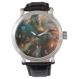 Schilderij van Wolf en Eagle Horloge