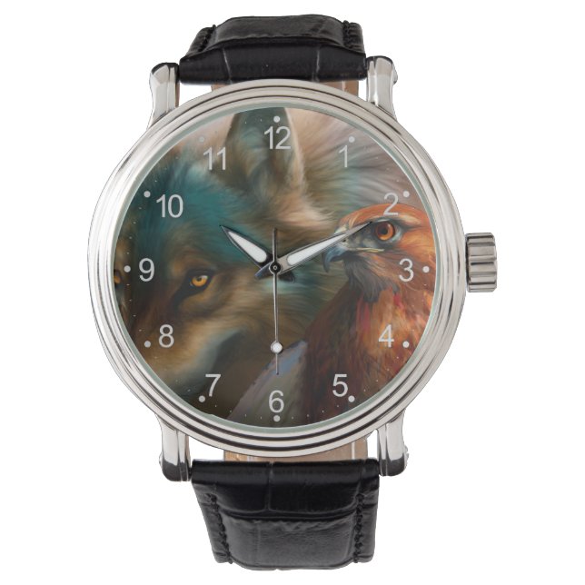 Schilderij van Wolf en Eagle Horloge (Voorkant)