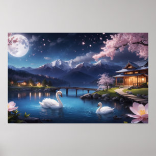 Schilderij van wonderbaarlijke nacht Japan Sakura Poster