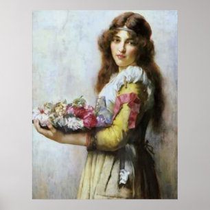 schilderij van Young Lady met bloemen. Poster