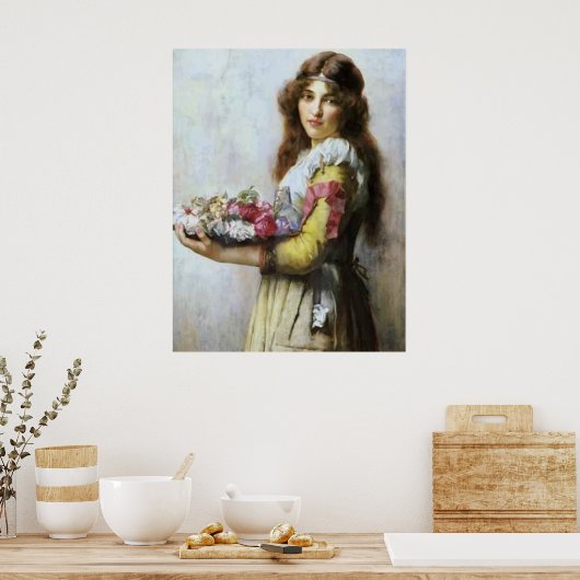  schilderij van Young Lady met bloemen. Poster (Keuken)
