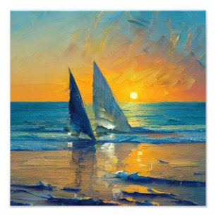 Schilderij van zeilboten bij vuurrode zonsondergan foto afdruk