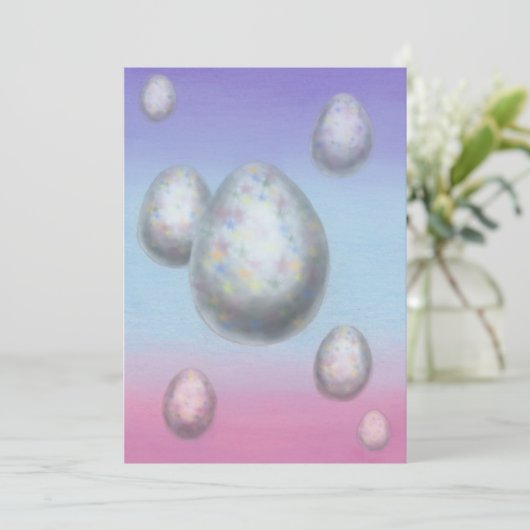 schilderkunst zeven paaseieren zwevend in de lucht feestdagenkaart (Staand voorkant)