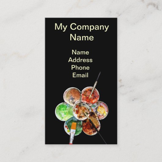 Schilderpalet met heldere kleuren en borstels visitekaartje (Voorkant)