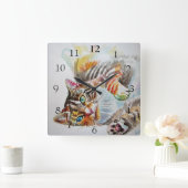 Schilderslint Kat Cute Waterverfschilderij Decor Vierkante Klok (Huis)