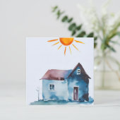 Schildertekening, huis en zon gemaakt door kind feestdagenkaart (Staand voorkant)