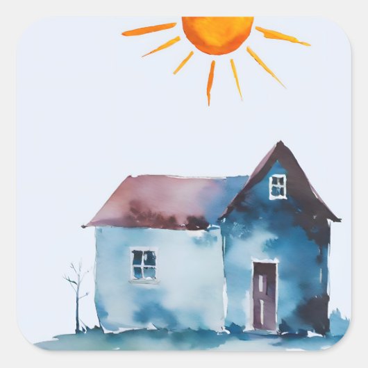 Schildertekening, huis en zon gemaakt door kind vierkante sticker (Voorkant)