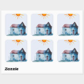 Schildertekening, huis en zon gemaakt door kind vierkante sticker (Vel)
