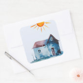Schildertekening, huis en zon gemaakt door kind vierkante sticker (Envelop)