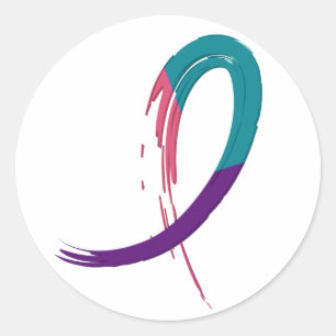 Schildklierkanker Blauwgroen, Paarse en roze lint  Ronde Sticker