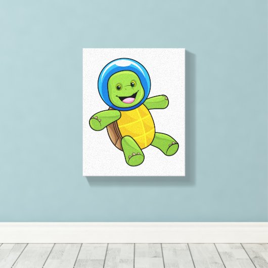 Schildpad als astronaut met glazen bal canvas afdruk (Insitu (Houten vloer))