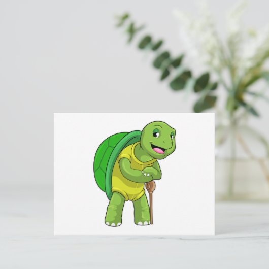 Schildpad als gepensioneerde met wandelstok briefkaart (Staand voorkant)