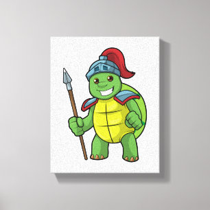 Schildpad als krijger met speer en helm canvas afdruk