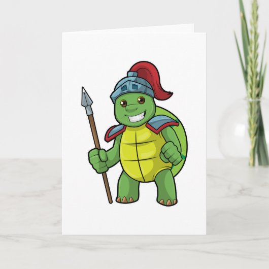 Schildpad als krijger met speer en helm kaart (Voorkant)