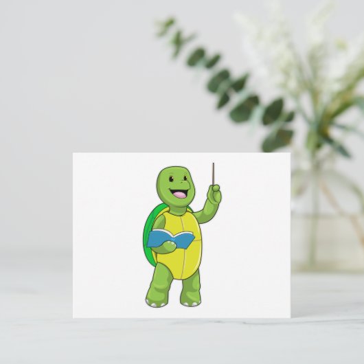 Schildpad als leraar met boek en aanwijsstok briefkaart (Staand voorkant)