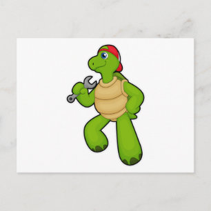 Schildpad als monteur met sleutel & pet briefkaart