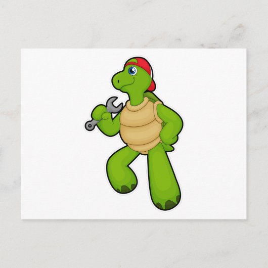 Schildpad als monteur met sleutel & pet briefkaart (Voorkant)